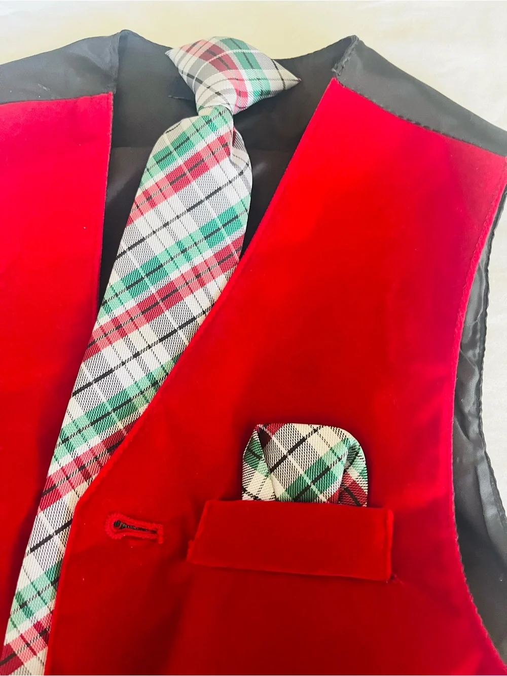 Nautica Red Satin FestiveVest with Plaid Tie and Pocket Square